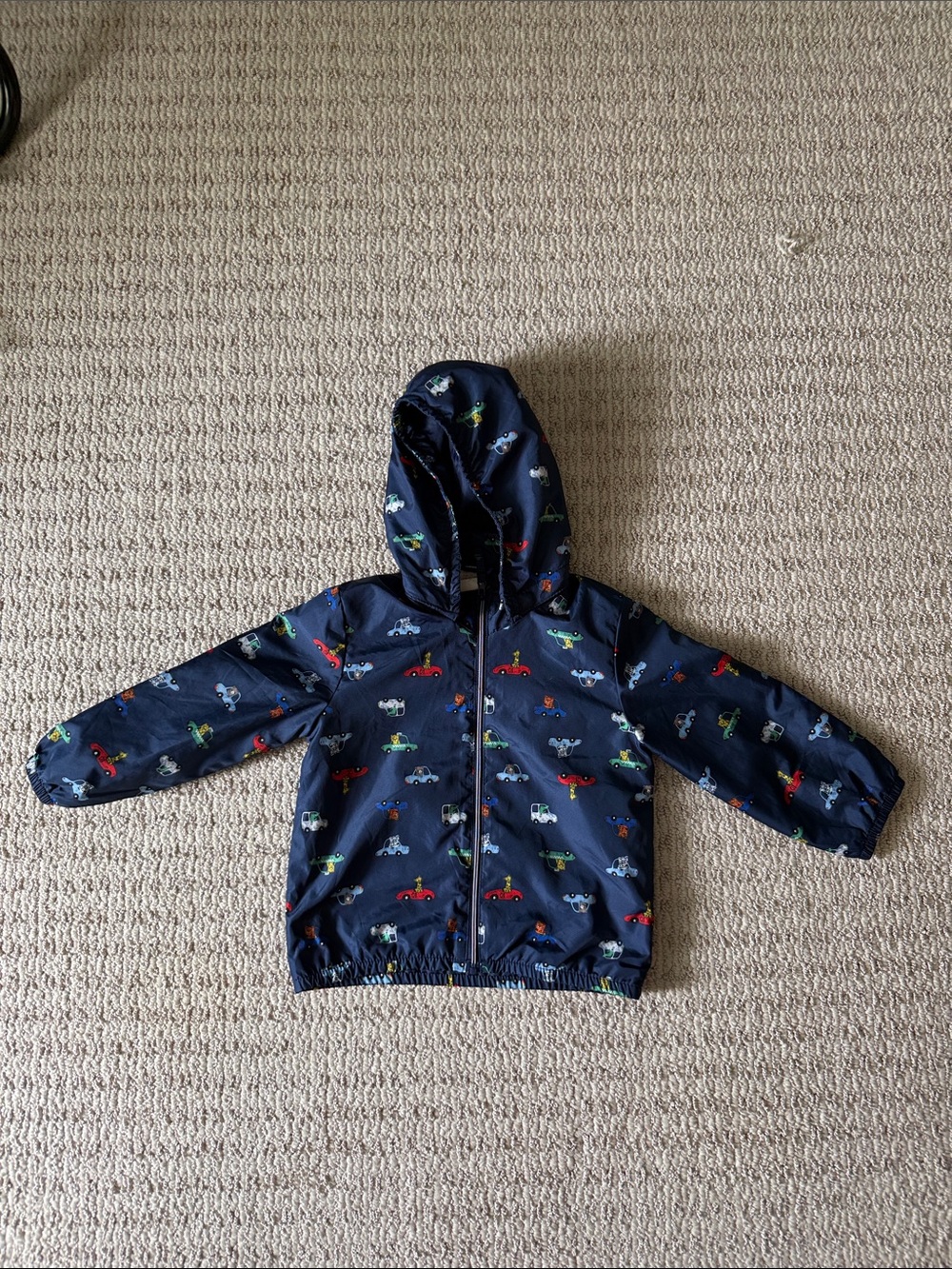 H&M Navy Hooded Kids Rain Jacket/Windbreaker with Colorful Car Print